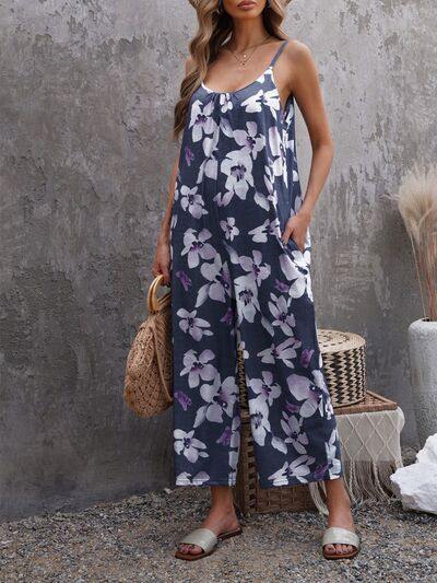 Printed Spaghetti Strap Jumpsuit with Pockets - Flyclothing LLC