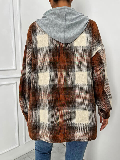 Plaid Drawstring Hooded Jacket