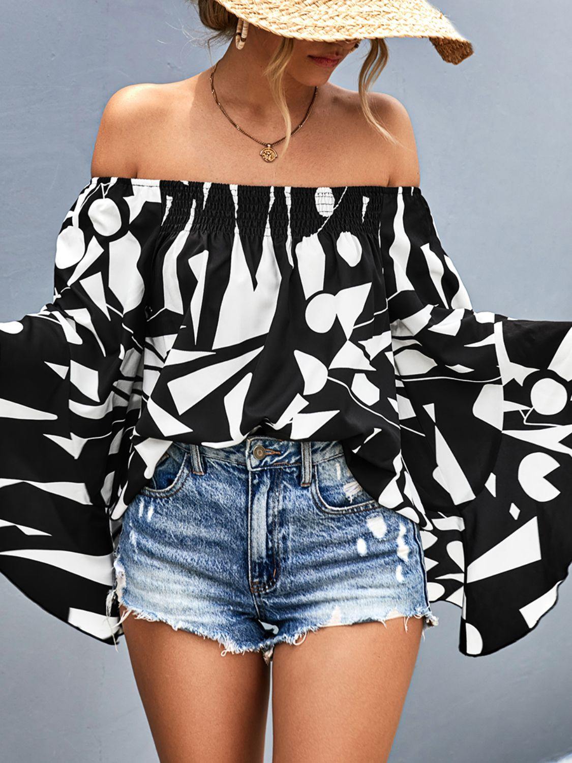 Printed Off-Shoulder Bell Sleeve Blouse - Flyclothing LLC