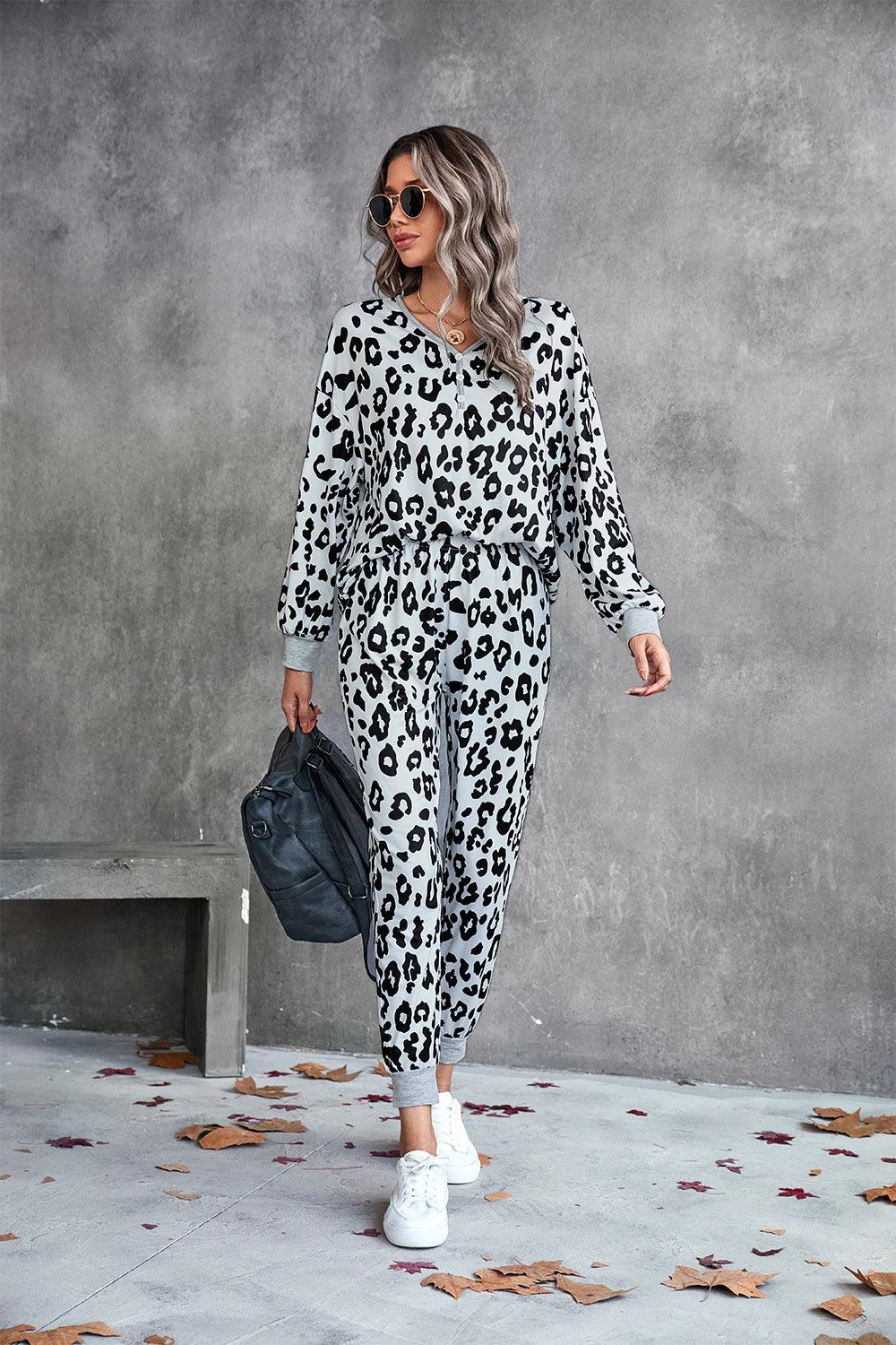 Leopard V-Neck Dropped Shoulder Loungewear Set - Trendsi