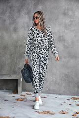 Leopard V-Neck Dropped Shoulder Loungewear Set - Trendsi