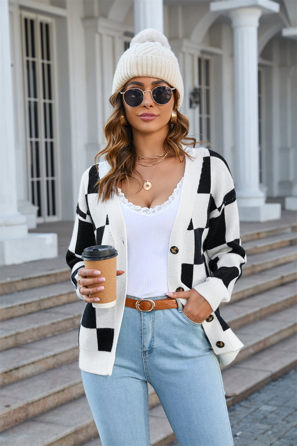 Button-Up Plaid V-Neck Dropped Shoulder Cardigan - Trendsi