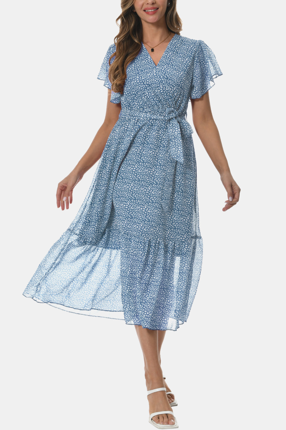 Surplice Neck Flutter Sleeve Tied Dress - Flyclothing LLC