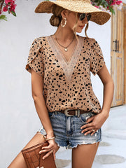 Animal Print V-Neck Petal Sleeve Blouse - Flyclothing LLC