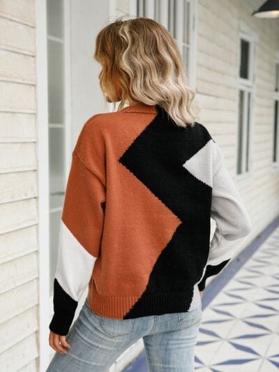 Color Block Round Neck Dropped Shoulder Sweater - Flyclothing LLC