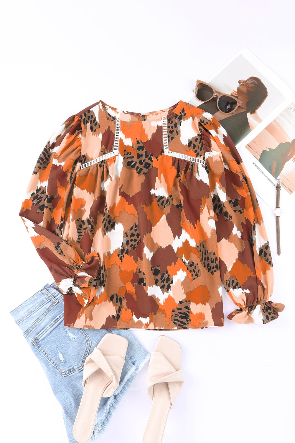 Printed Flounce Sleeve Buttoned Blouse - Flyclothing LLC