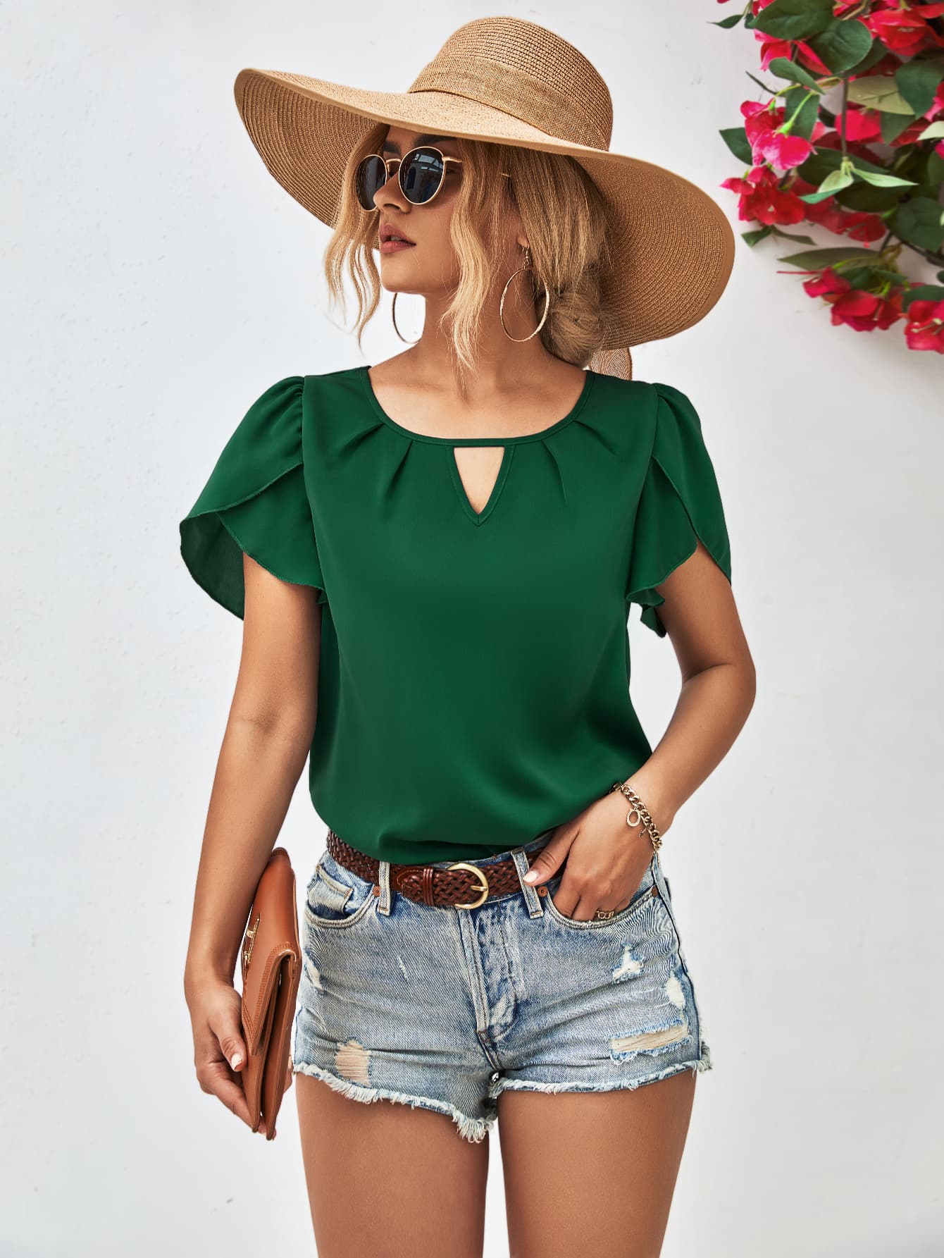 Cutout Round Neck Petal Sleeve Blouse - Flyclothing LLC