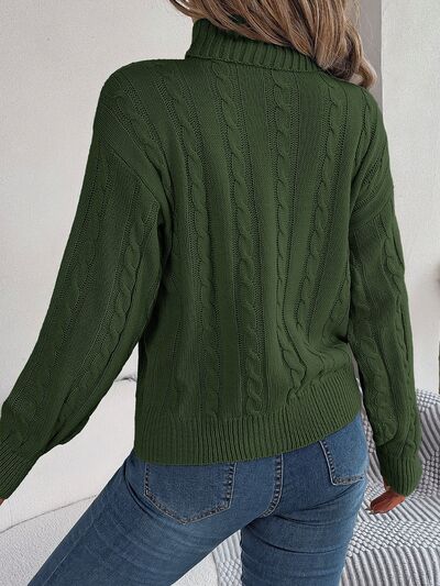 Cable-Knit Turtleneck Dropped Shoulder Sweater - Flyclothing LLC