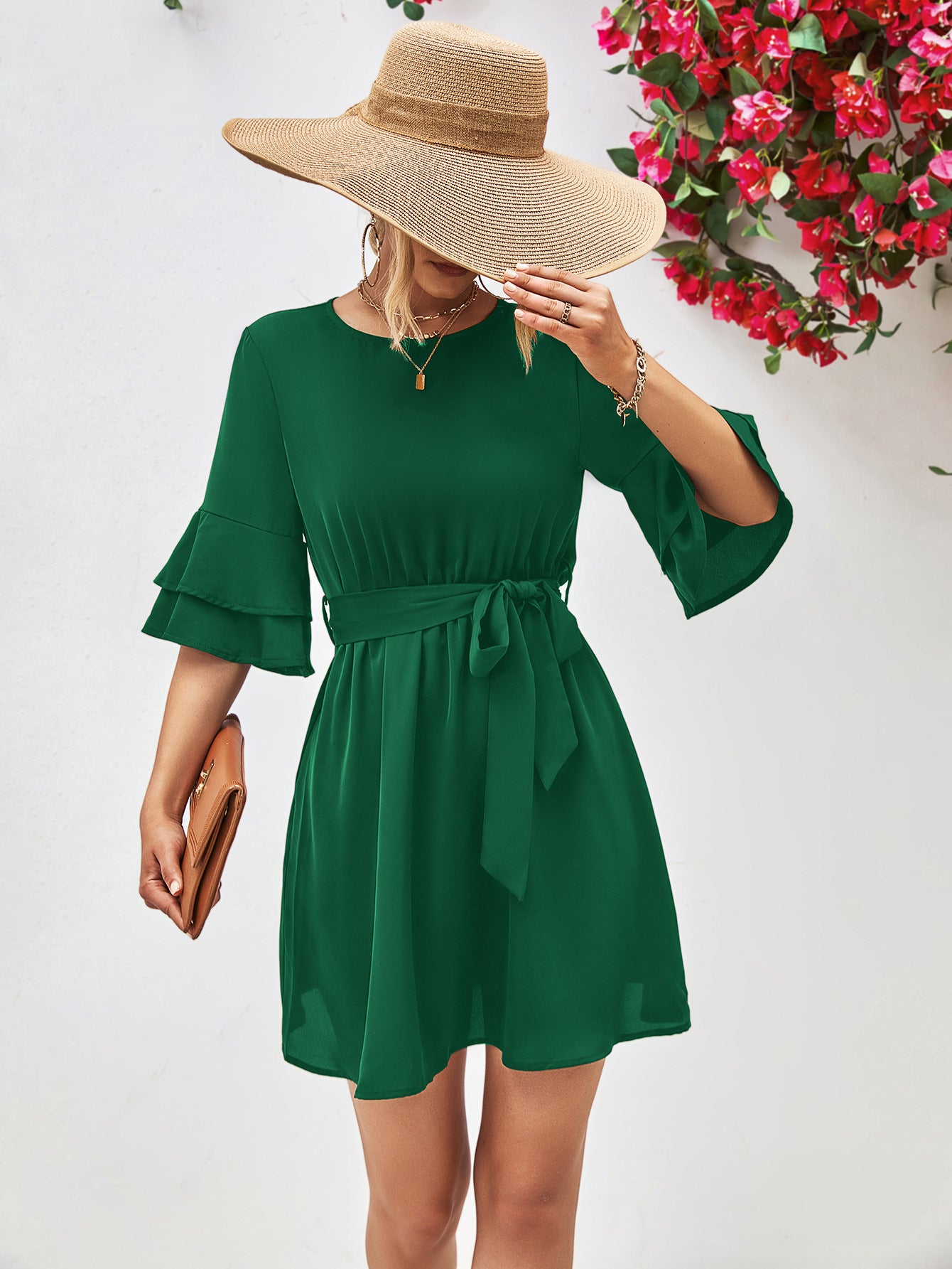 Round Neck Tie Belt Flounce Sleeve Dress - Flyclothing LLC