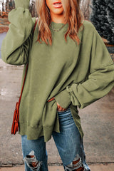 Dropped Shoulder Round Neck Long Sleeve Blouse - Flyclothing LLC