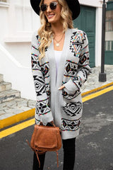 Pocketed Geometric Open Front Dropped Shoulder Cardigan - Flyclothing LLC