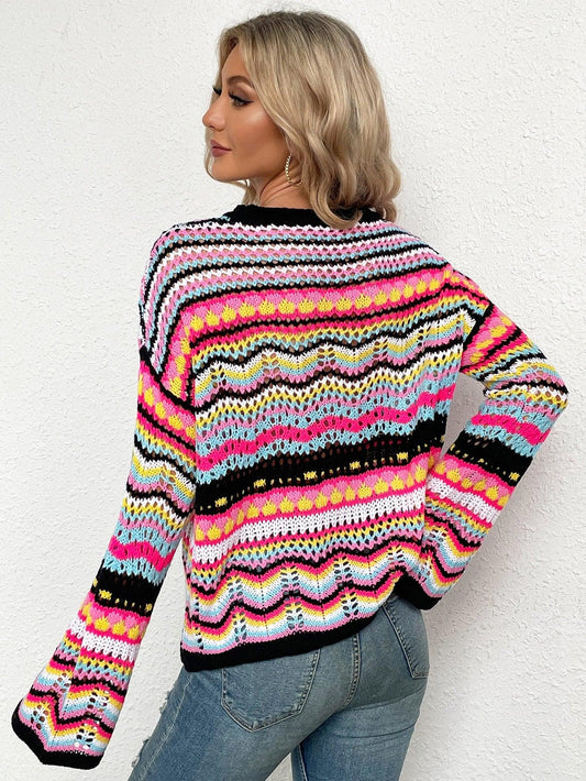 Rainbow Stripe Openwork Flare Sleeve Knit Top - Flyclothing LLC