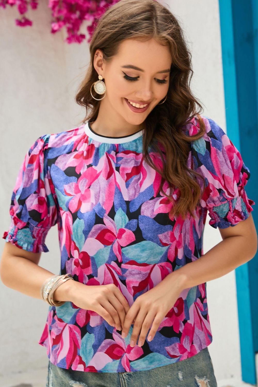 Floral Round Neck Puff Sleeve Top - Flyclothing LLC