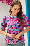 Floral Round Neck Puff Sleeve Top - Flyclothing LLC