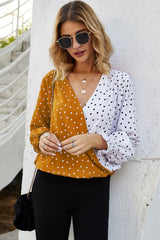 Polka Dot Surplice Neck Lantern Sleeve Blouse - Flyclothing LLC