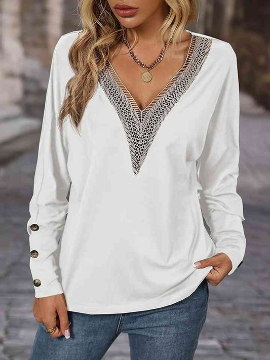 Contrast V-Neck Long Sleeve Top - Flyclothing LLC