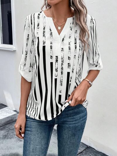 Striped Notched Half Sleeve Blouse - Flyclothing LLC