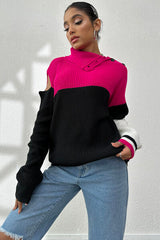 Contrast Buttoned Cutout Long Sleeve Sweater - Flyclothing LLC