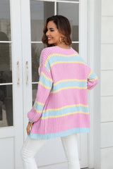 Color Block Ribbed Dropped Shoulder Open Front Cardigan - Trendsi