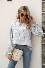 Printed Tie Neck Flounce Sleeve Blouse - Flyclothing LLC