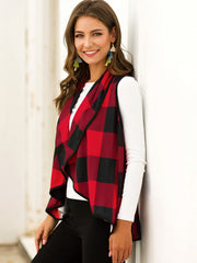 Plaid Open Front Sleeveless Cardigan - Flyclothing LLC