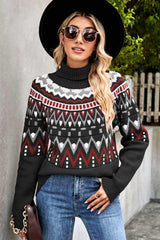 Chevron Turtleneck Ribbed Trim Sweater - Trendsi