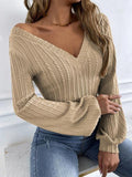 Cable-Knit V-Neck Long Sleeve Knit Top - Trendsi