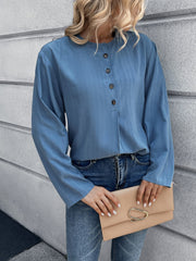 Half Button Long Sleeve Blouse - Flyclothing LLC