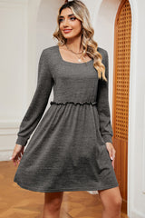 Frill Square Neck Long Sleeve Dress - Flyclothing LLC