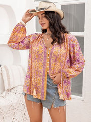 Plus Size Tie Neck Tassel Printed Blouse - Flyclothing LLC