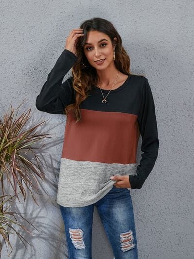 Color Block Round Neck Long Sleeve T-Shirt - Trendsi