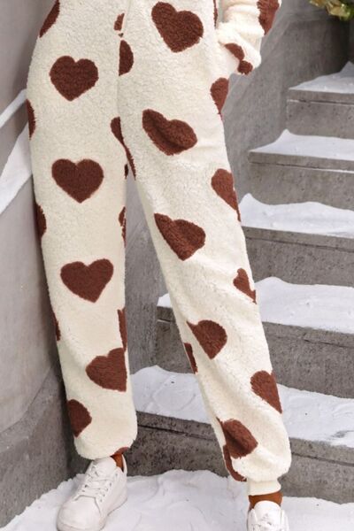 Fuzzy Heart Zip Up Hooded Lounge Jumpsuit - Flyclothing LLC