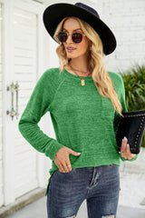 Heathered Slit Long Raglan Sleeve Top - Trendsi