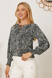 Printed Tie Neck Lantern Sleeve Blouse - Flyclothing LLC