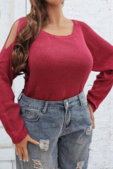 Plus Size Cold Shoulder Round Neck Sweater - Flyclothing LLC