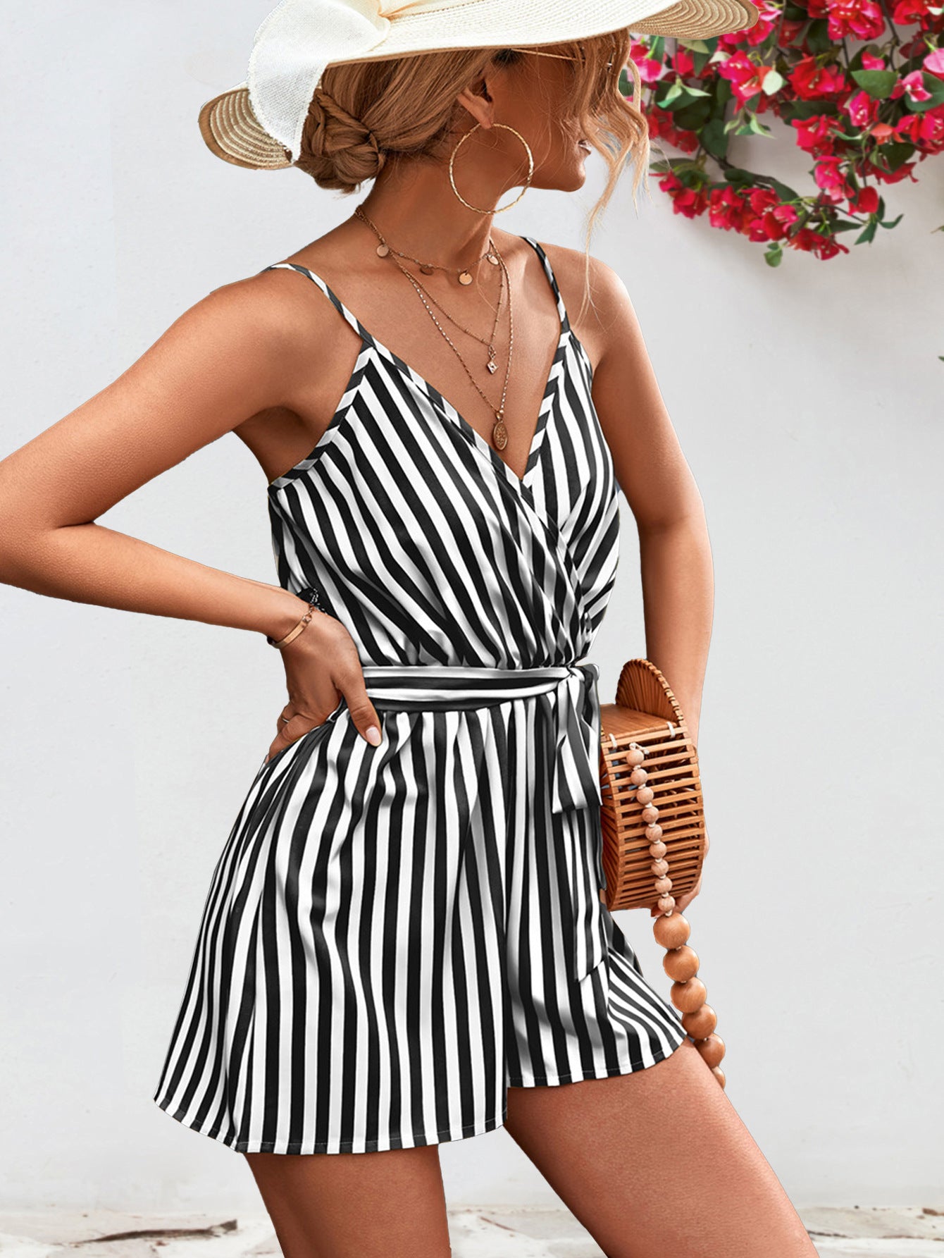 Striped Tie Waist Spaghetti Strap Romper - Flyclothing LLC