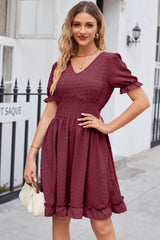 Swiss Dot Frill Trim Flounce Sleeve V-Neck Dress - Flyclothing LLC