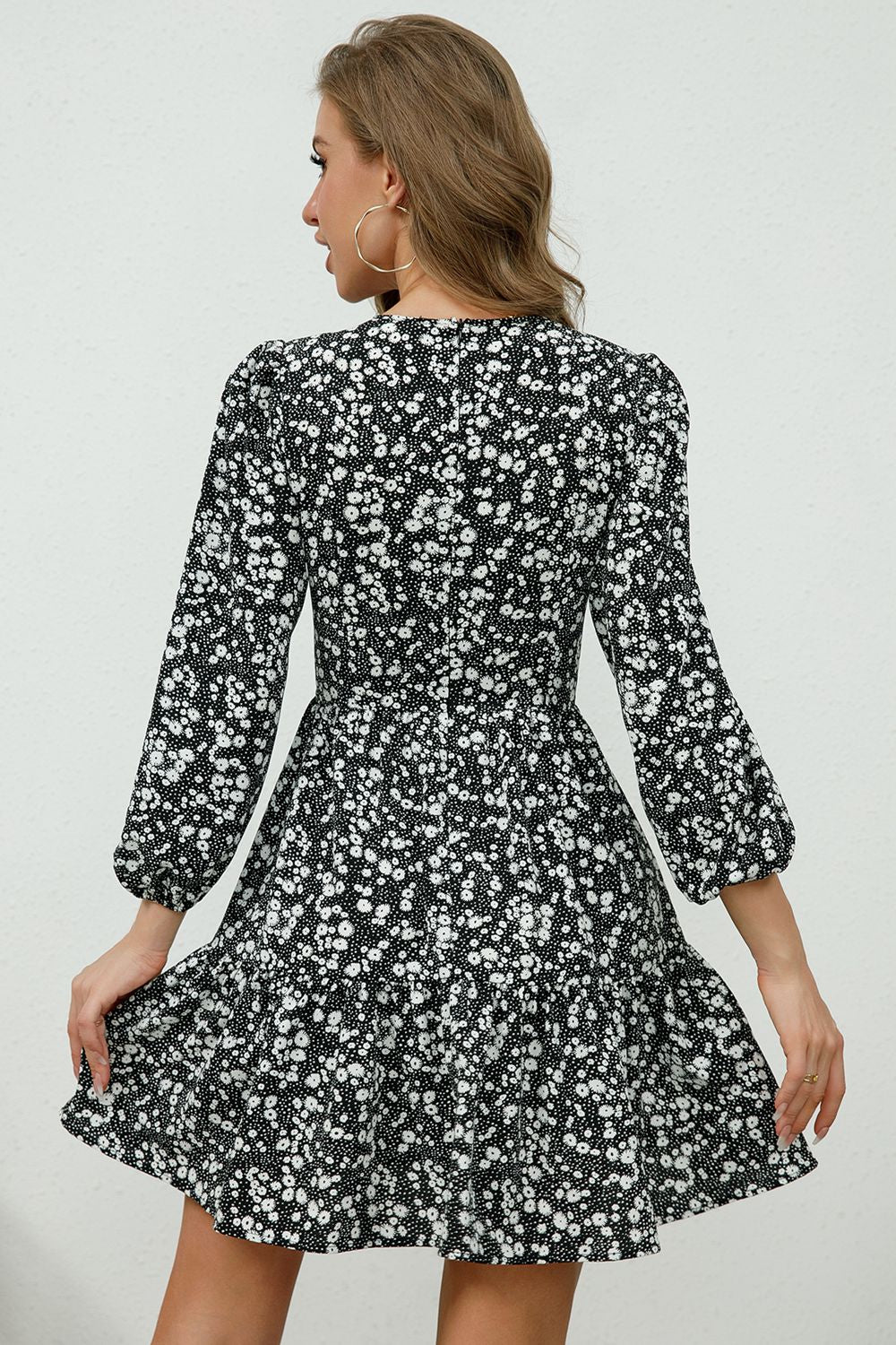 Printed Plunge Neck Flounce Sleeve Mini Dress - Flyclothing LLC