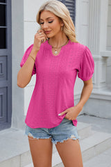 Eyelet Notched Puff Sleeve Blouse - Trendsi