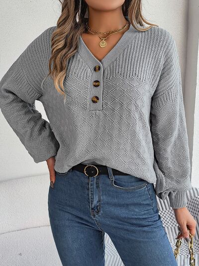 Half Button V-Neck Long Sleeve Sweater - Flyclothing LLC