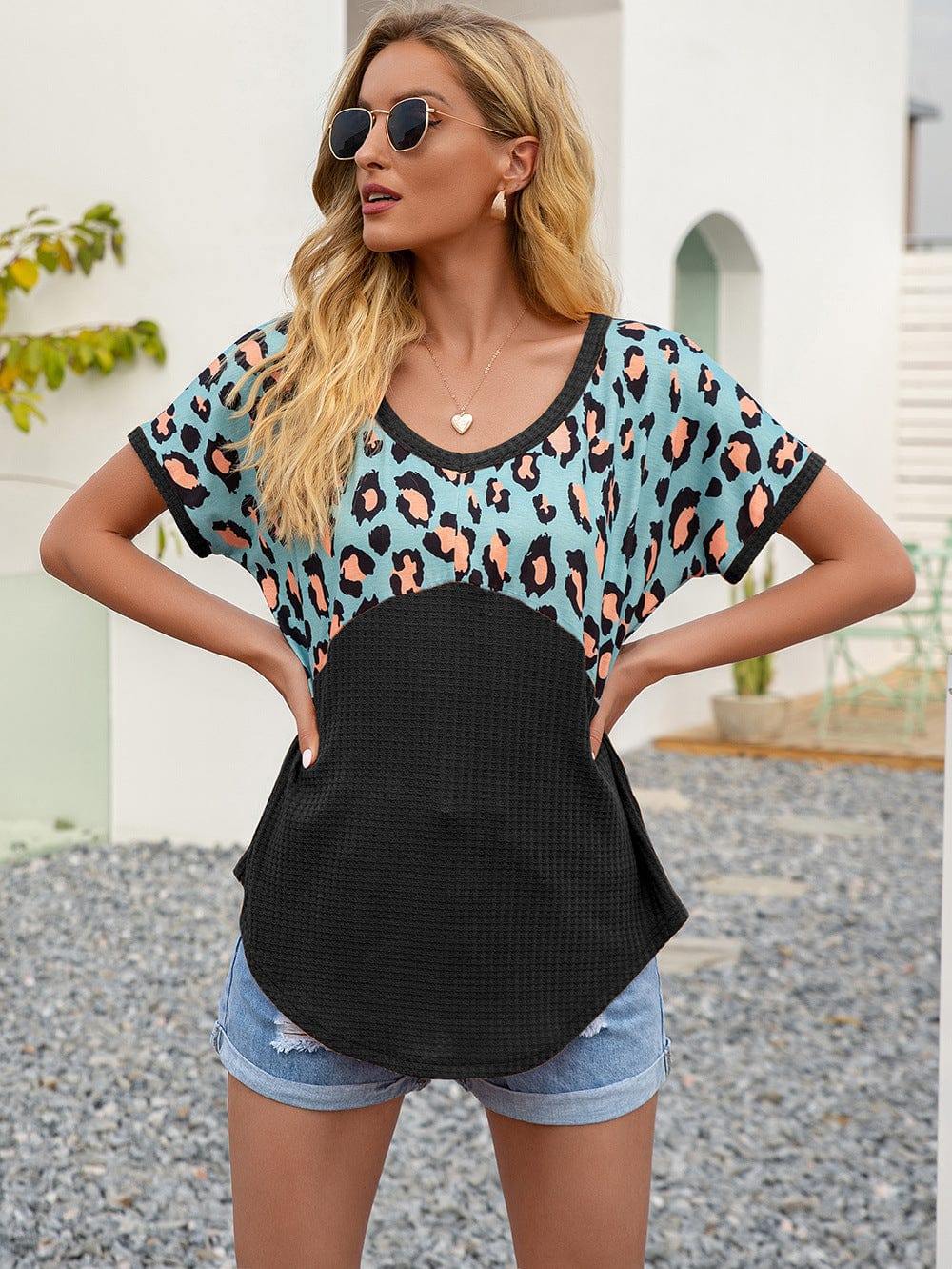 Leopard Waffle-Knit Short Sleeve Top - Trendsi