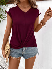 Spliced Lace V-Neck Twisted Hem Tee - Flyclothing LLC