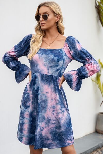 Tie-Dye Square Neck Flounce Sleeve Dress - Flyclothing LLC