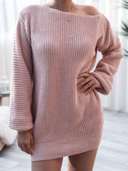 Rib-Knit Balloon Sleeve Boat Neck Sweater Dress - Flyclothing LLC