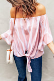 Striped Tie Front Flounce Sleeve Blouse - Flyclothing LLC