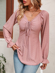 Tie Front V-Neck Puff Sleeve Blouse - Flyclothing LLC