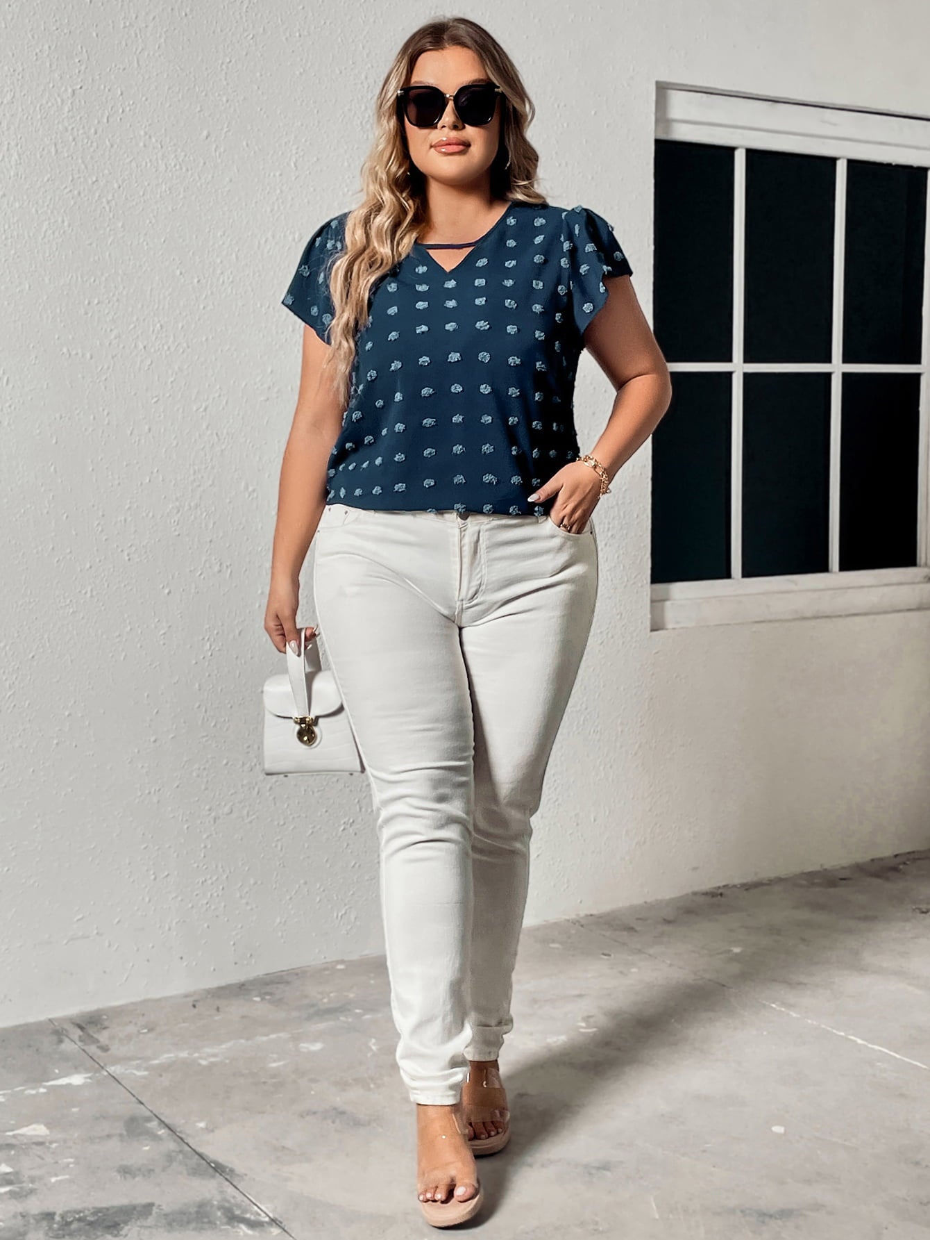 Plus Size Swiss Dot V-Neck Flutter Sleeve Tee - Flyclothing LLC