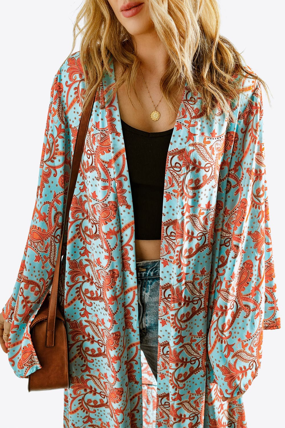 Printed Open Front Duster Cardigan - Flyclothing LLC