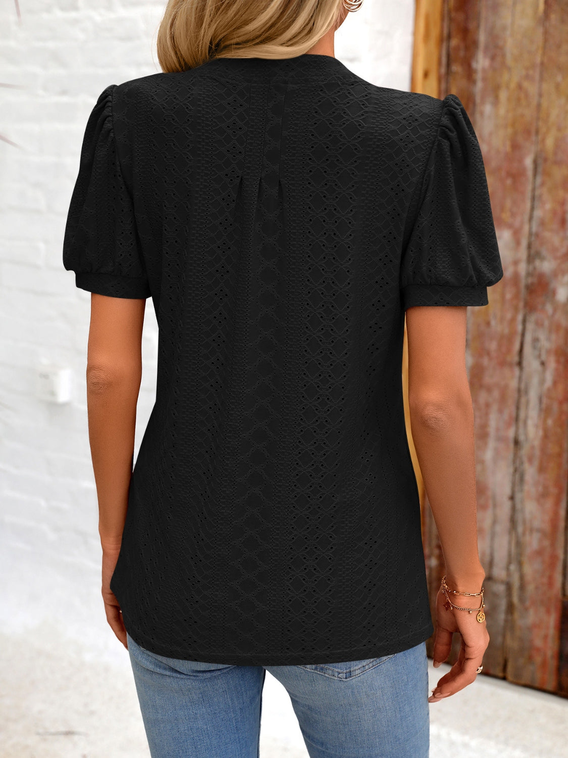 Eyelet Notched Puff Sleeve T-Shirt - Flyclothing LLC