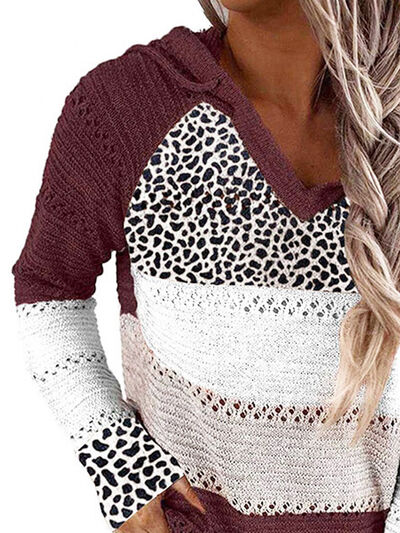 Full Size Openwork Leopard Drawstring Hooded Sweater - Flyclothing LLC